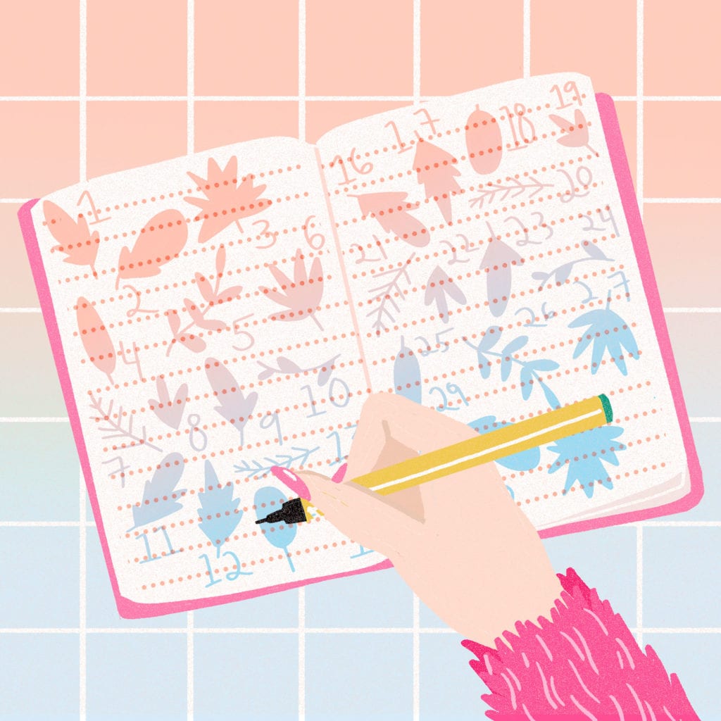 An illustration of a hand writing in a bullet journal.