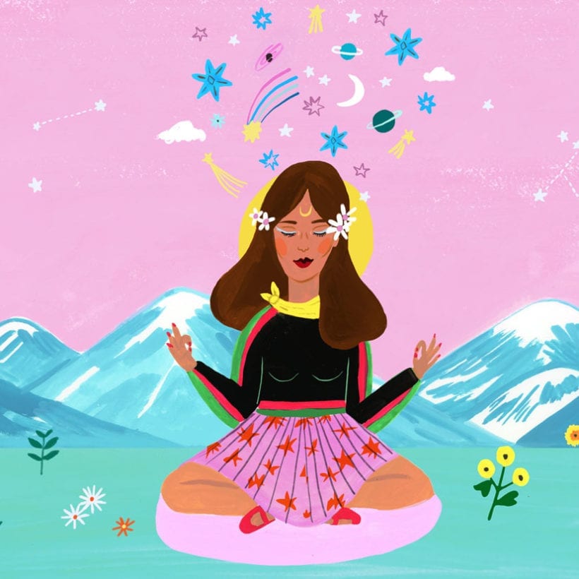 An illustration of a woman meditating while sitting on a flower field in front of mountains.