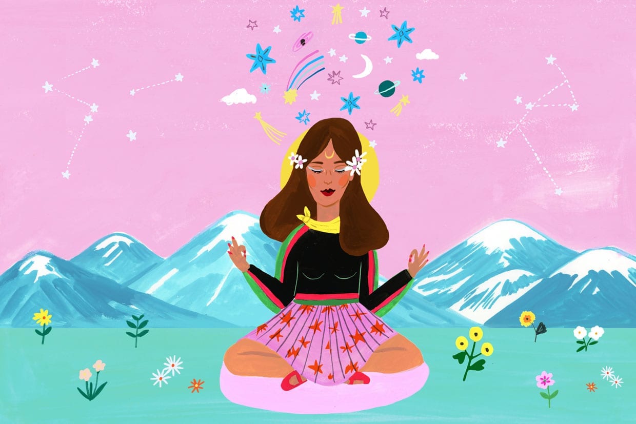 An illustration of a woman meditating while sitting on a flower field in front of mountains.