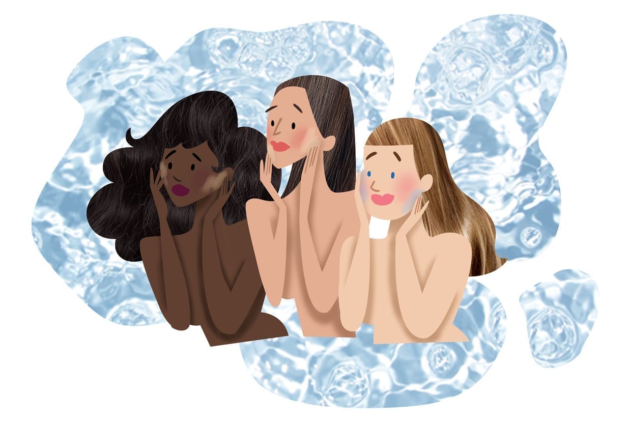 An illustration of three woman applying a skincare product to their faces in front of a blue water background.