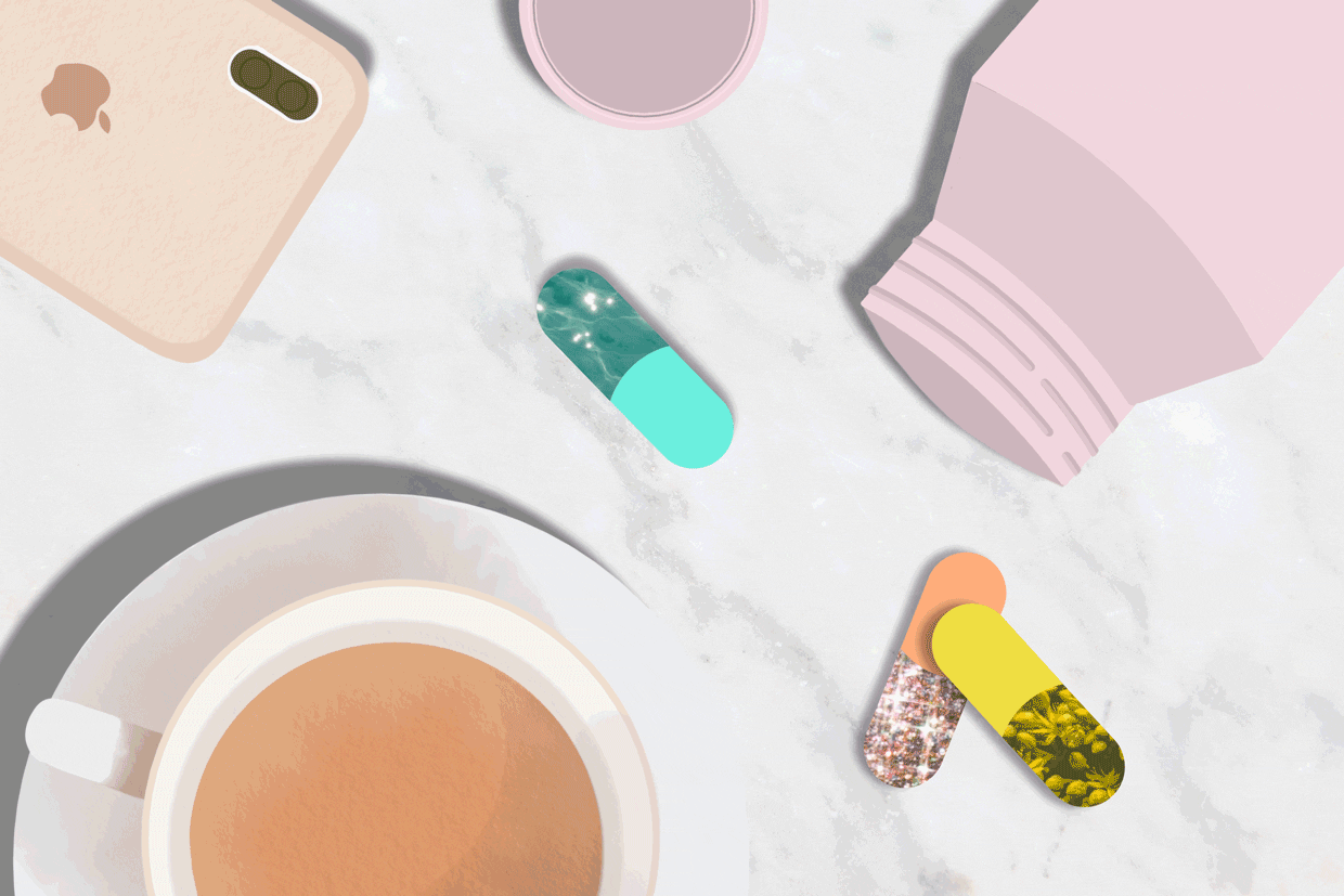 An illustration of beauty supplement pills and cup of coffee on a marble counter.