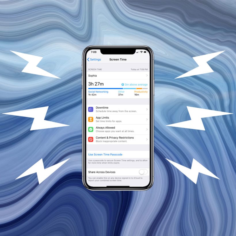 An illustration/collage of a phone with lightning bolts surrounding it on a blue marble background.