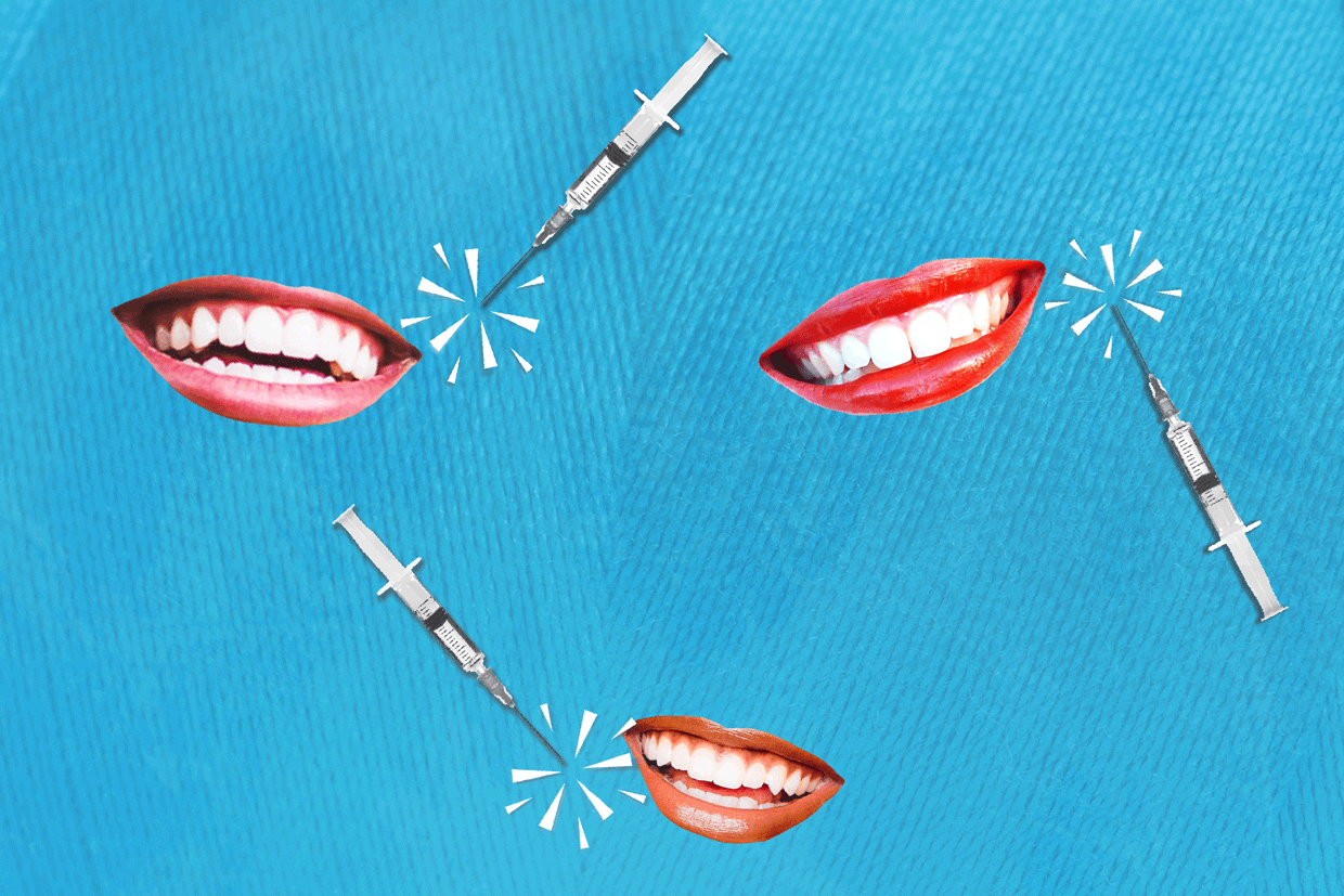 An illustration of smiles and botox injections on a blue background.