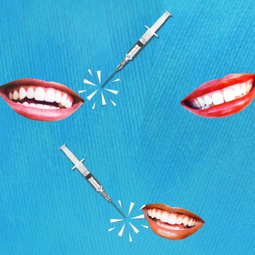 An illustration of smiles and botox injections on a blue background.