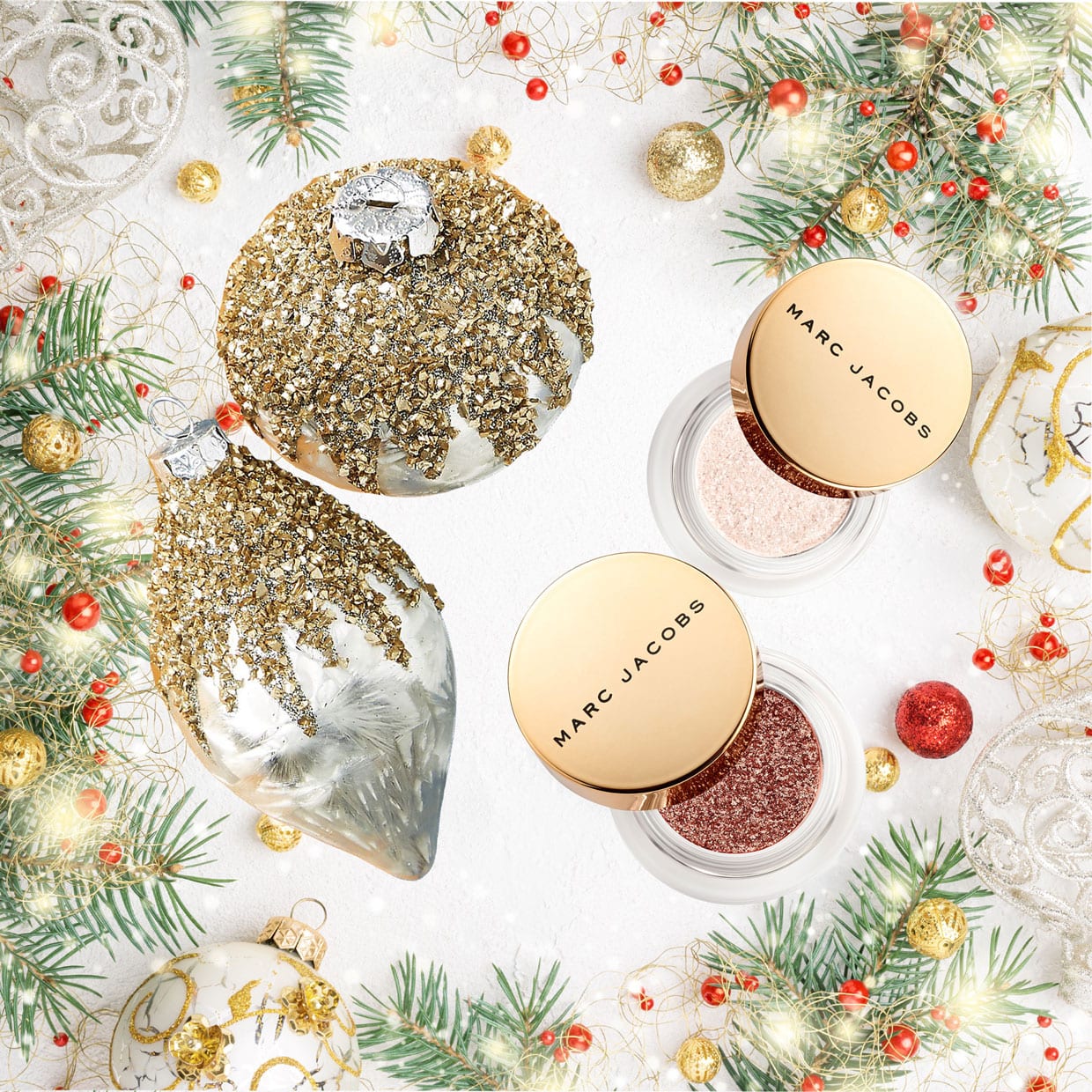 A collage with a Christmas ornament and Marc Jacobs eyeshadow.