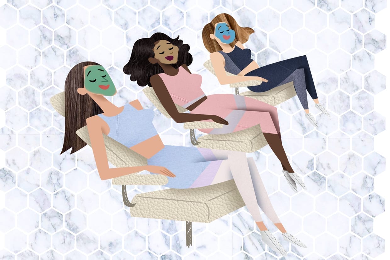 An illustration of three women with face masks on at a spa.