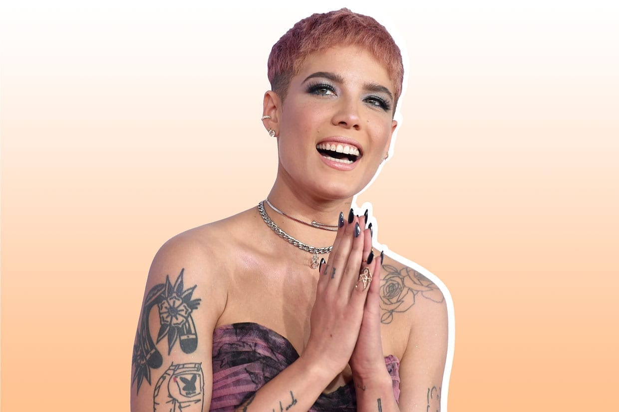 A collage of Halsey smiling on a peach gradient background.