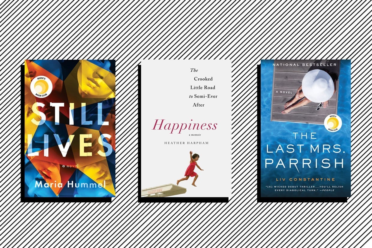 A collage with "Still Lives" by Maria Hummel, "The Crooked Little Road to Semi-Ever After Happiness: A Memoir" by Heather Harpham, and "The Last Mrs. Parrish" by Liv Constantine.