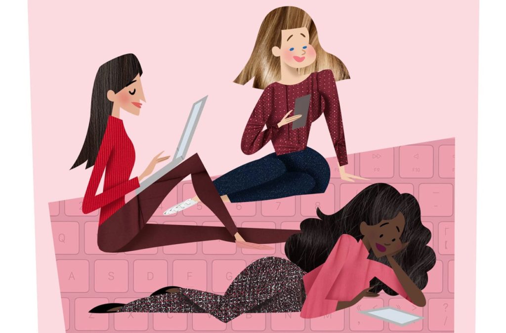 An illustration of three women on a phone, laptop and tablet.
