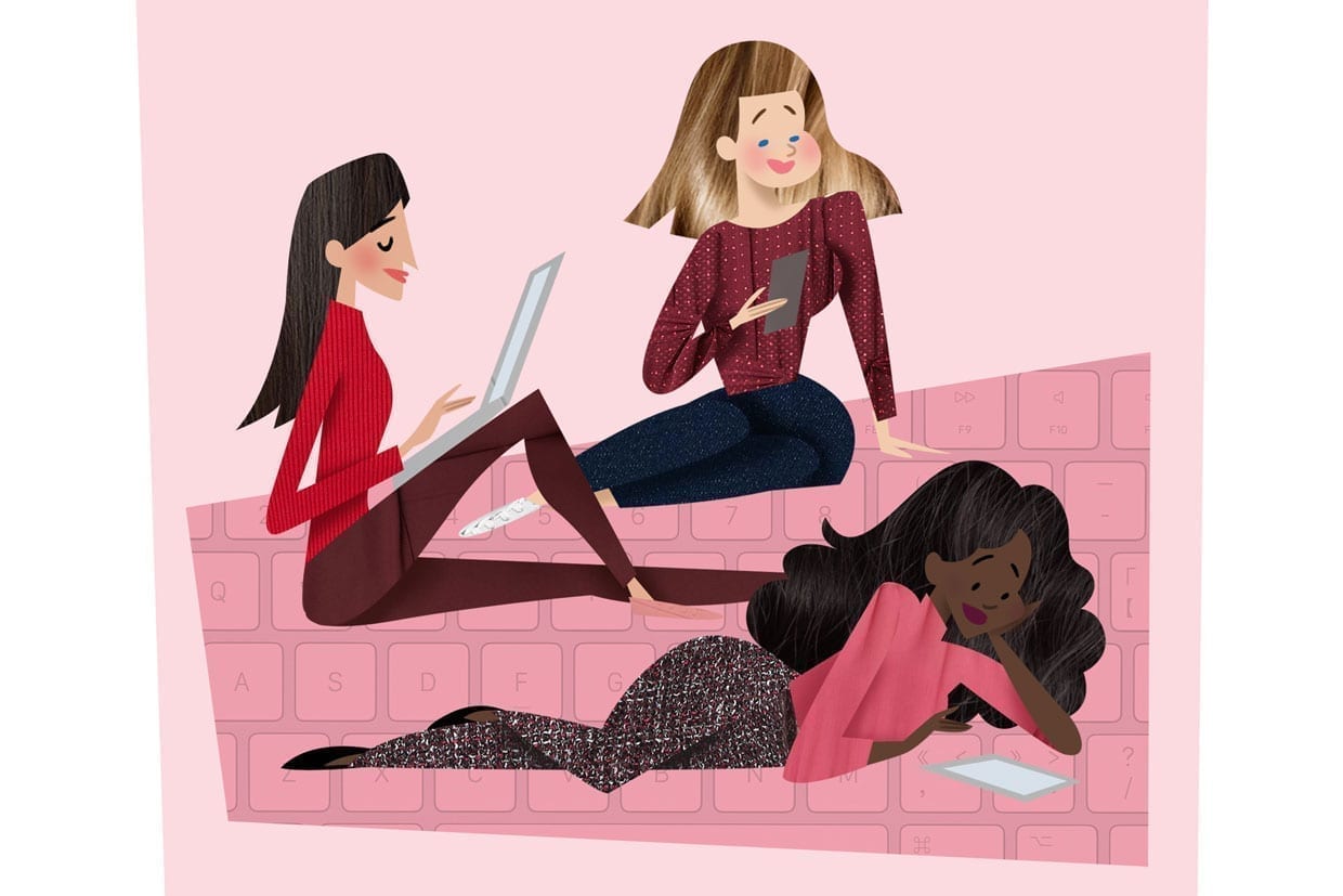 An illustration of three women on a phone, laptop and tablet.