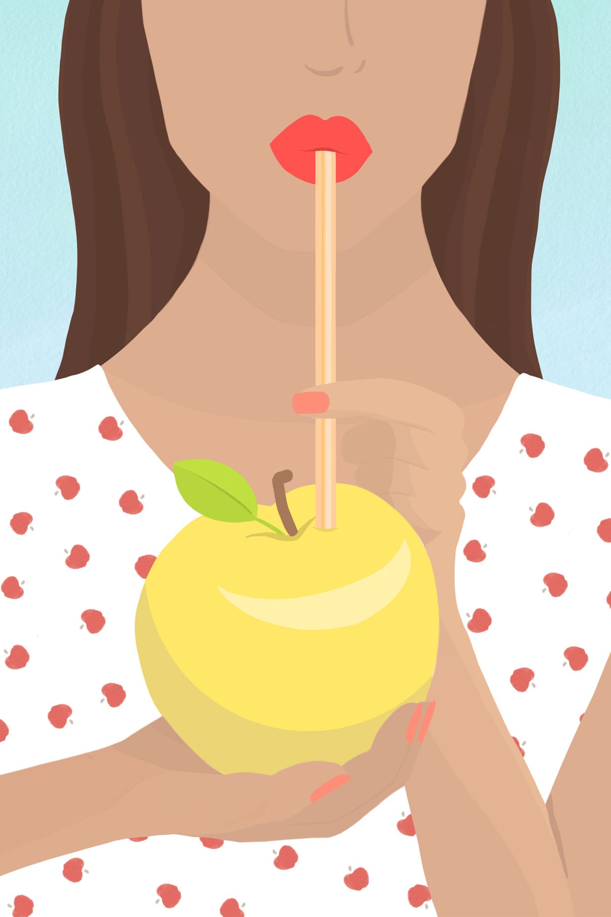 An illustration of a woman holding an apple with a straw.