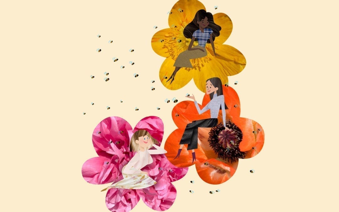 An illustration of three women sitting on flowers surrounded by bees.