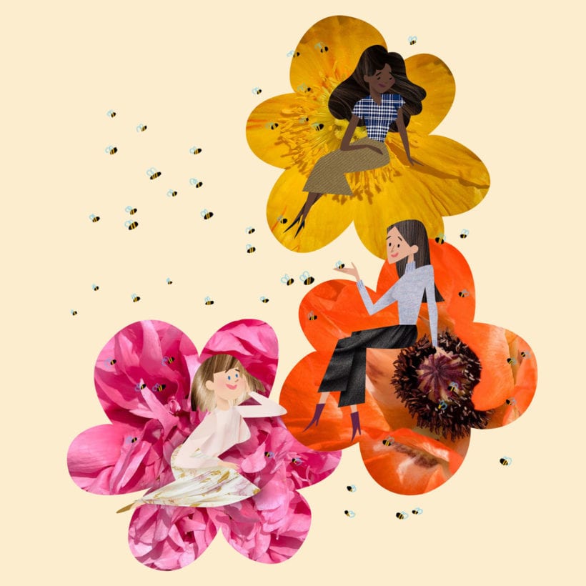 An illustration of three women sitting on flowers surrounded by bees.