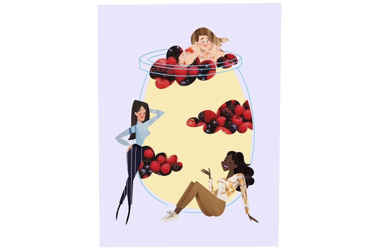 An illustration of two women by a giant parfait while another woman looks down on them while relaxing in the yogurt.