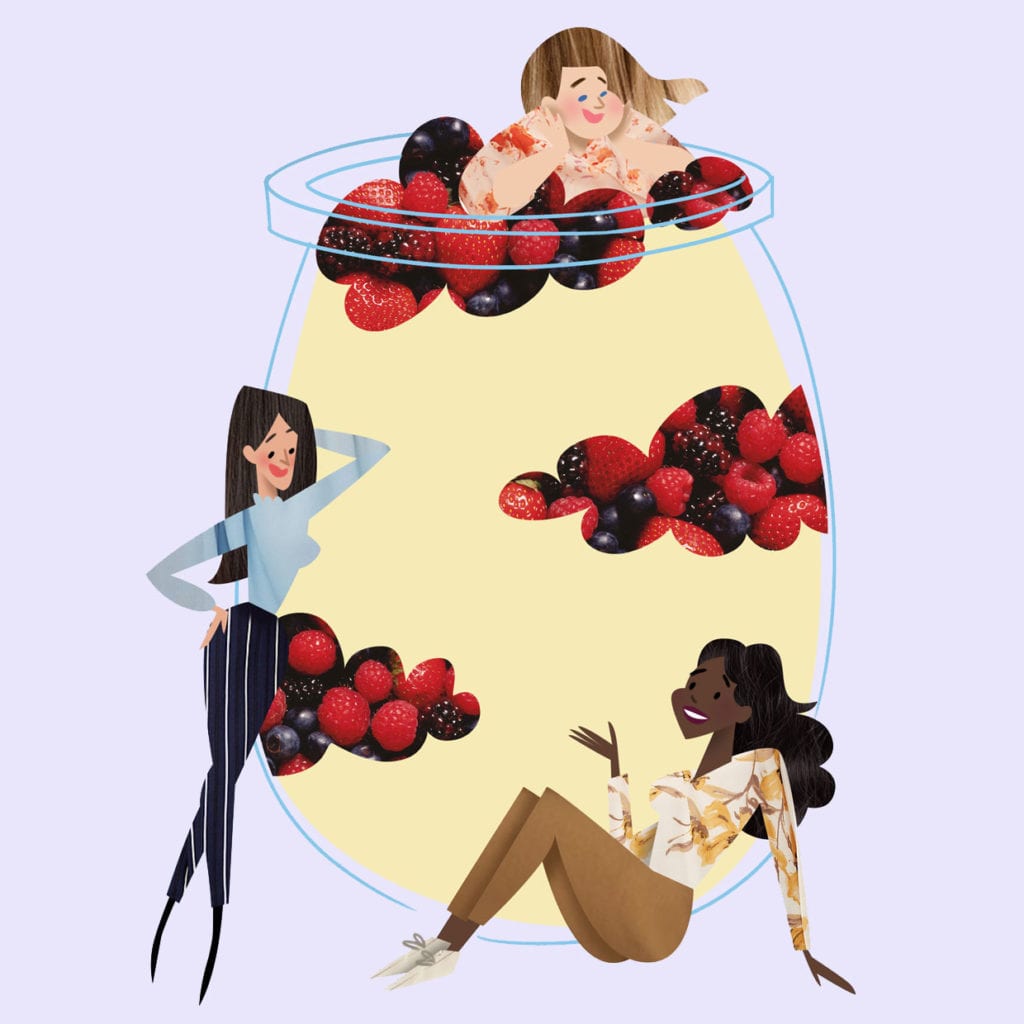 An illustration of two women by a giant parfait while another woman looks down on them while relaxing in the yogurt.