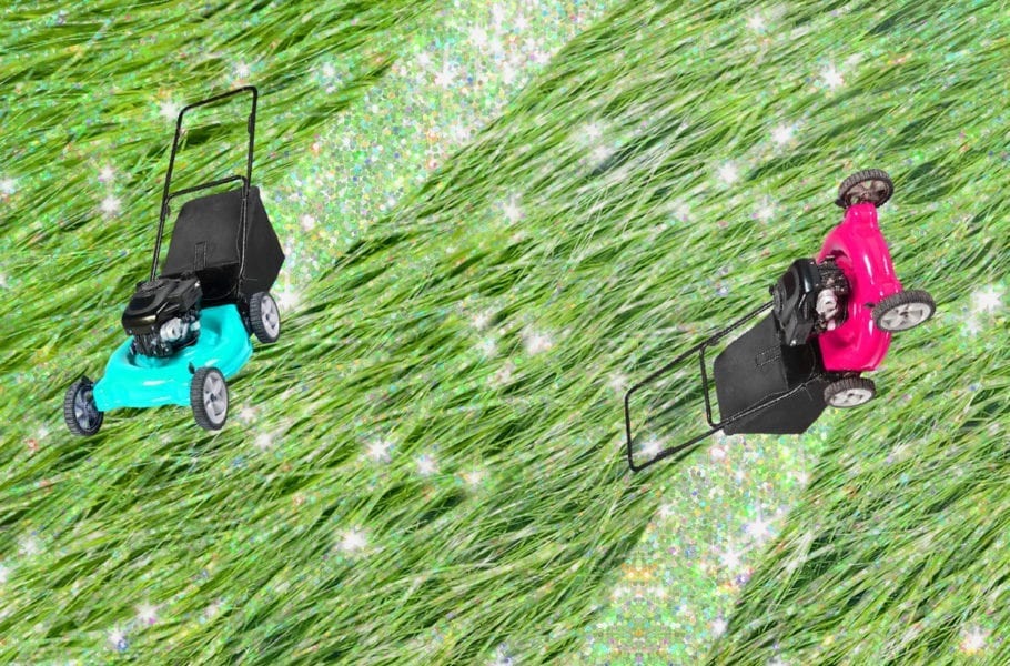 Colorful lawnmowers moving across a lawn, cutting the grass and leaving behind glitter.