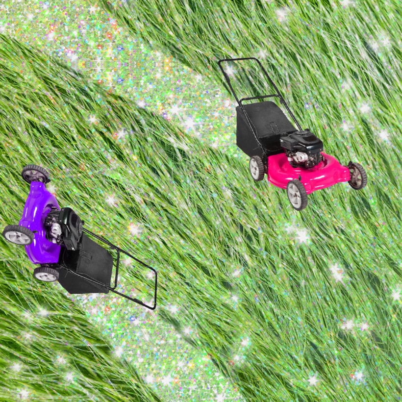 Colorful lawnmowers moving across a lawn, cutting the grass and leaving behind glitter.
