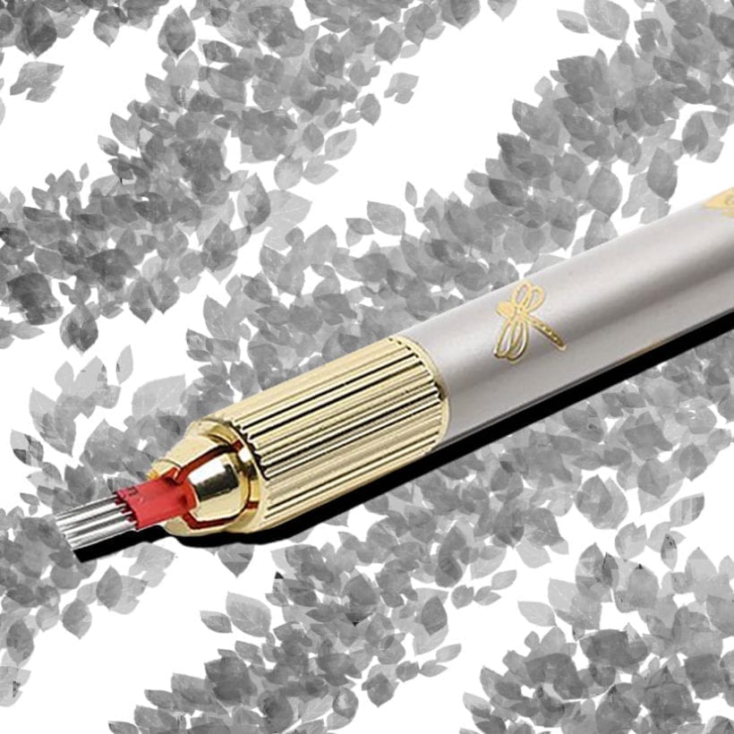 A photo of a microblading tool on a designed background.