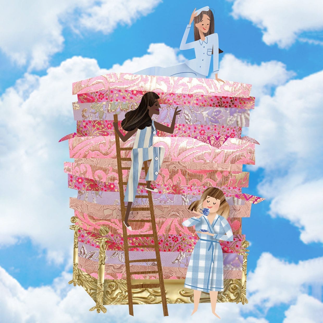 An illustration of three women and a pile of mattresses on a bed.