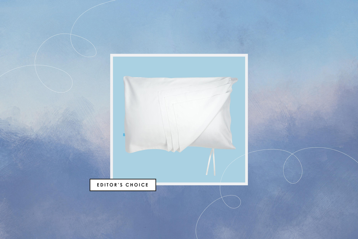 collage of pillowcase against blue cloud background