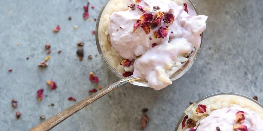 Coconut-Pistachio Rice Pudding Cups with Rose Water