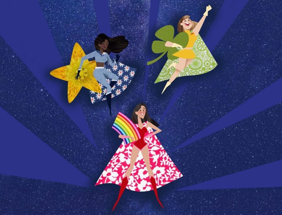 An illustration of three woman dressed in superhero outfits holding on to a star, a rainbow, and a four leaf clover respectively, on a dark blue background.