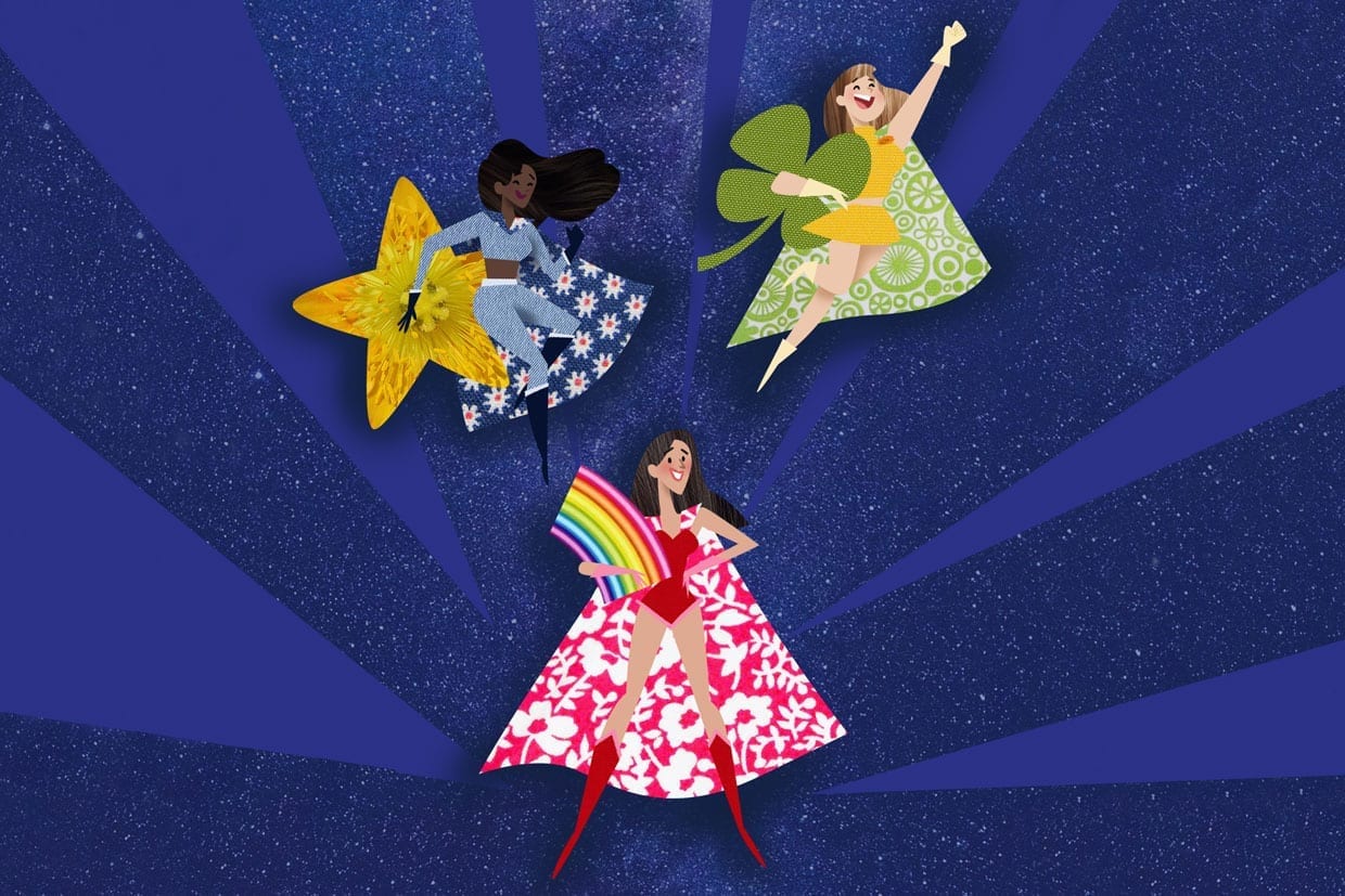An illustration of three woman dressed in superhero outfits holding on to a star, a rainbow, and a four leaf clover respectively, on a dark blue background.