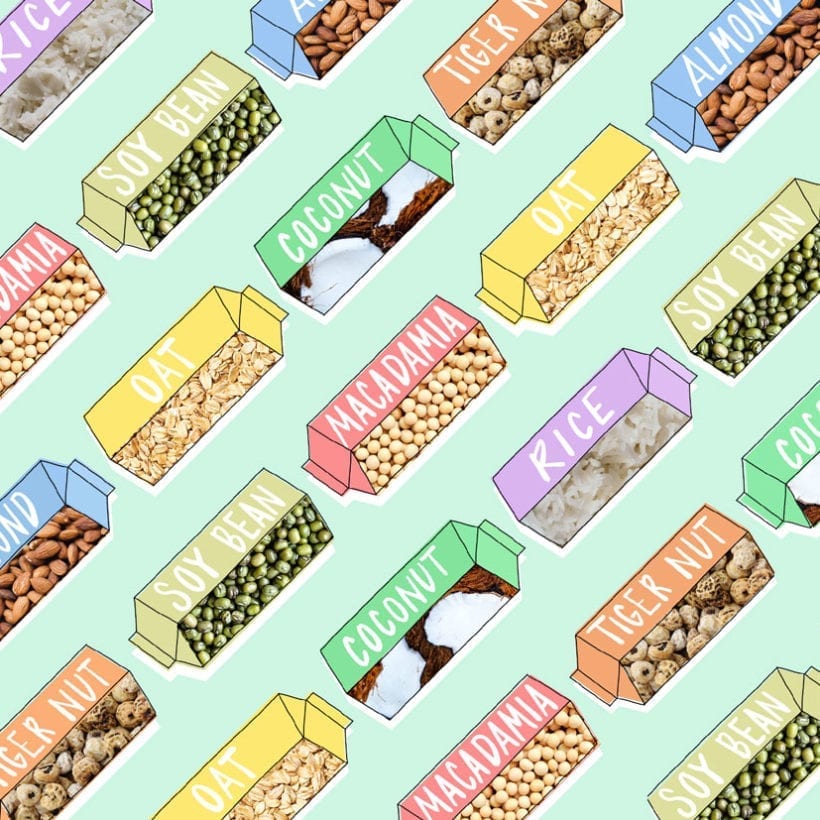 An illustration of milk cartons with different types of milk: almond, oat, soybean, macadamia, rice, tiger nut, and coconut.