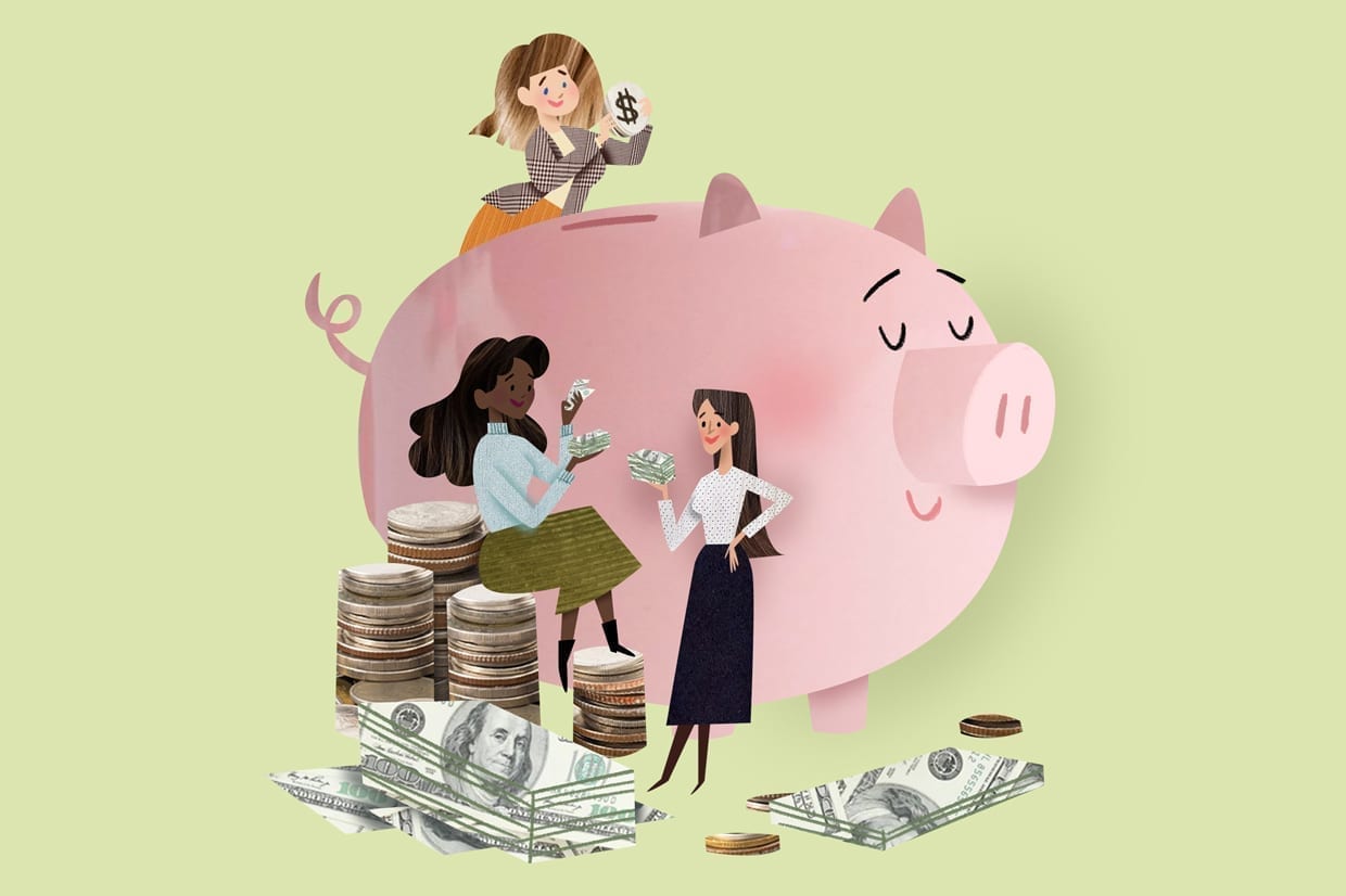 Three women with a pink piggy bank and coins and stacks of money around them on a green background.