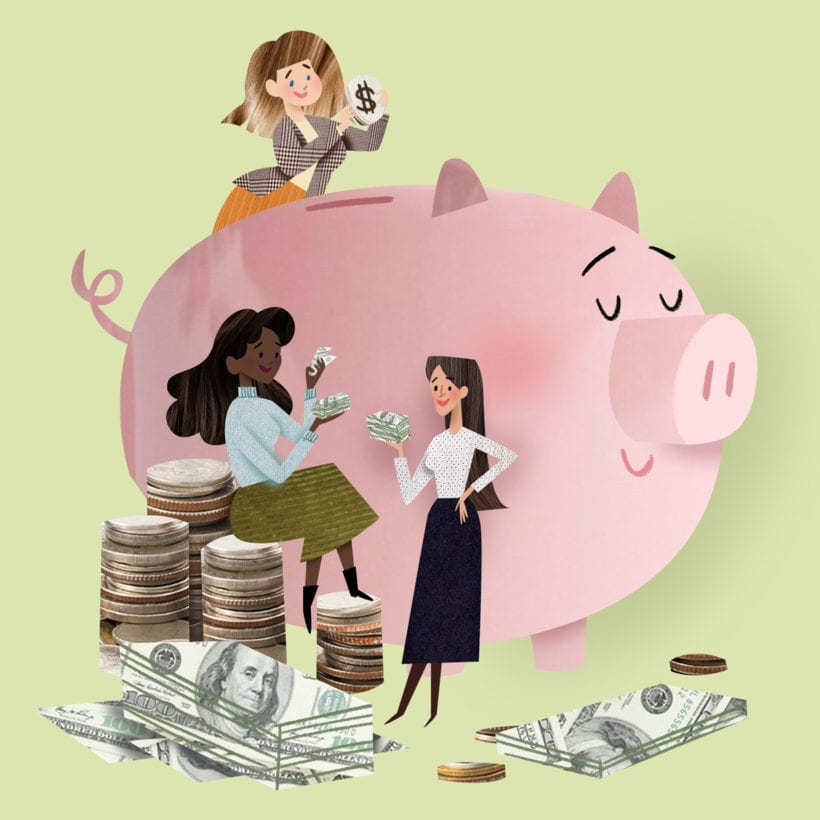 Three women with a pink piggy bank and coins and stacks of money around them on a green background.