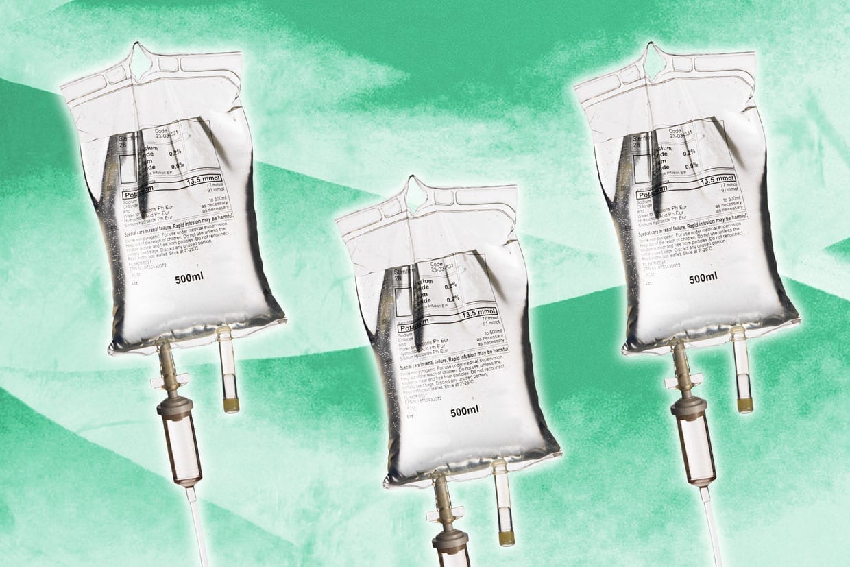 A triptych of IV bags on a green background.