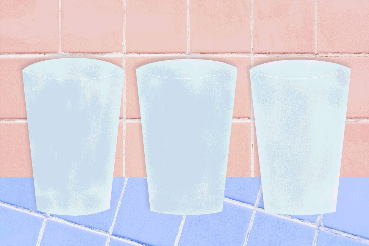 An illustration of three glasses filled with ice, fruit, and protein powder.