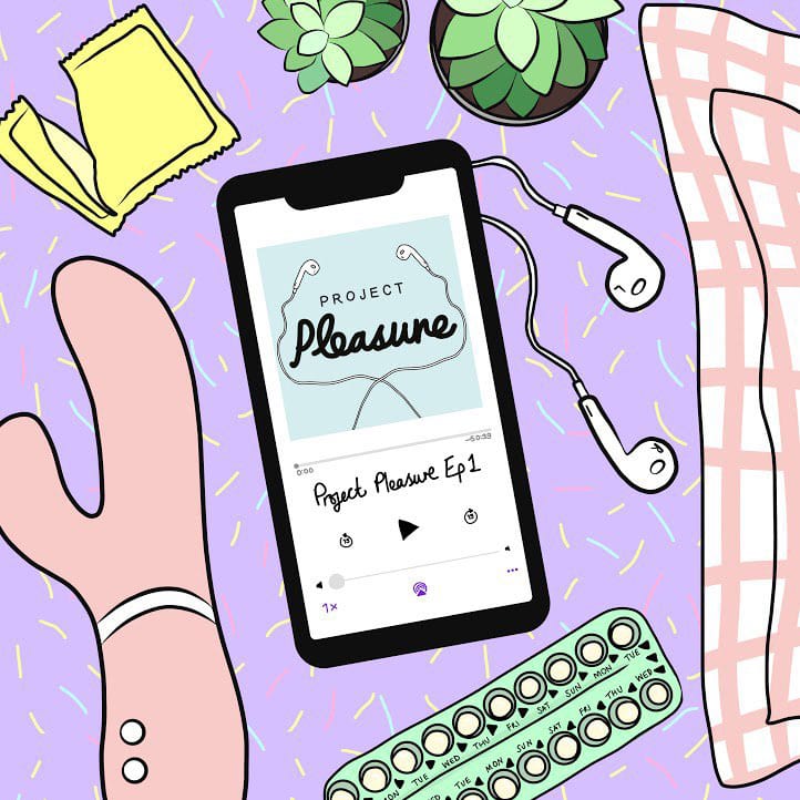 An illustration of a vibrator, opened condom wrapper, phone with earbuds, and birth control.