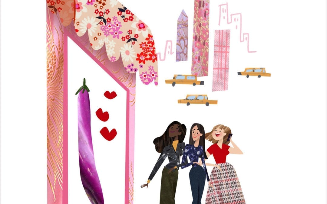 An illustration of three women walking by a store with an eggplant emoji and three hearts in the display window with the New York City skyline and yellow cabs behind them.