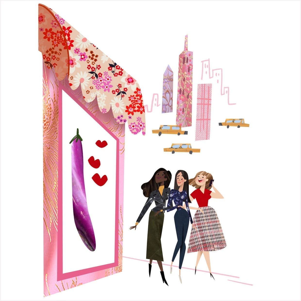 An illustration of three women walking by a store with an eggplant emoji and three hearts in the display window with the New York City skyline and yellow cabs behind them.