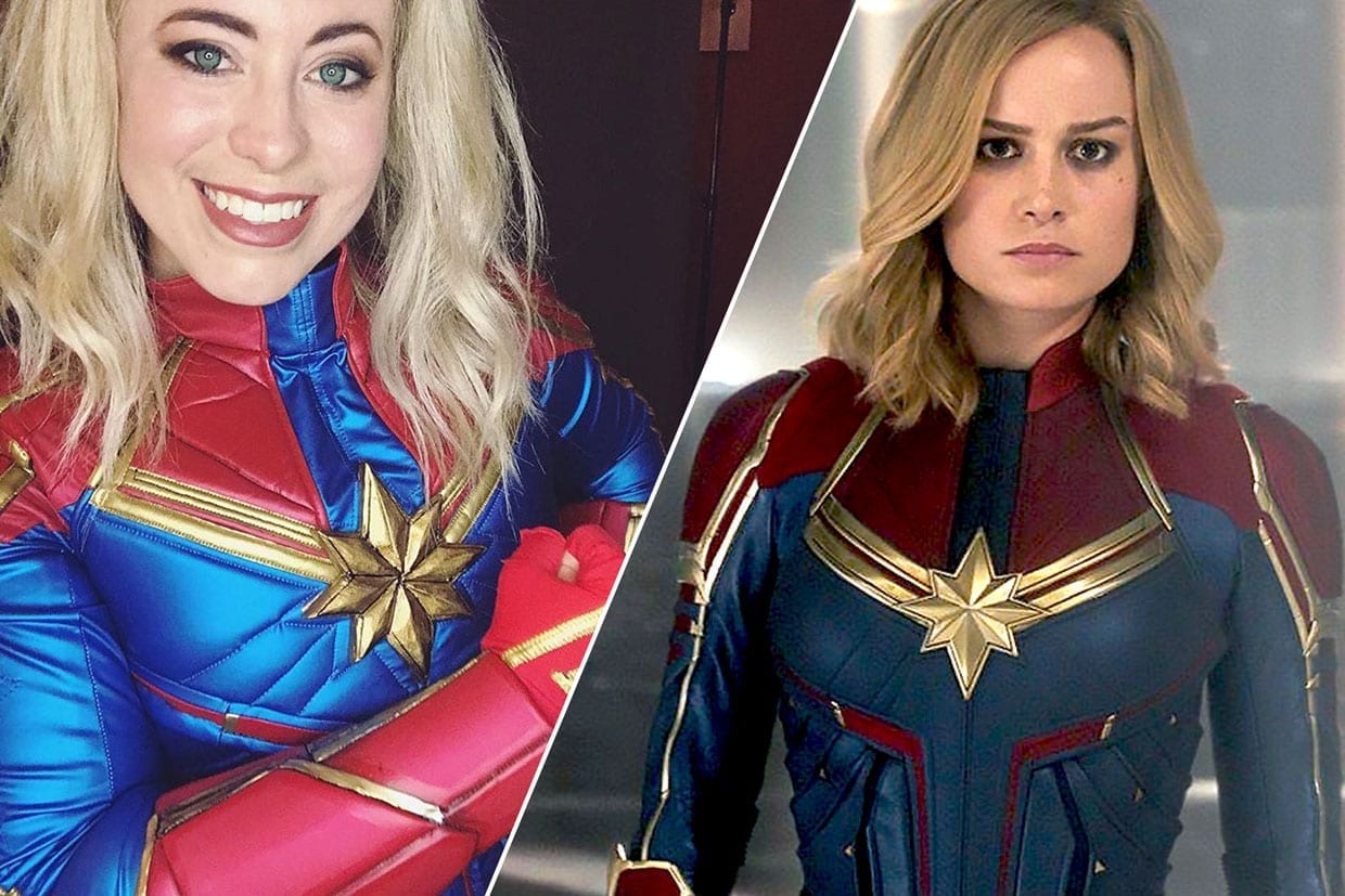 A side by side of Jedimanda dressed as Captain Marvel and Brie Larson in a scene from the movie "Captain Marvel."