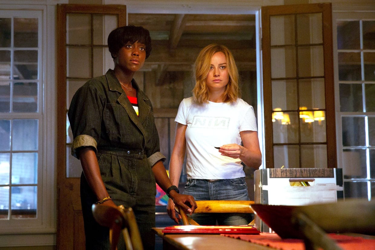 Lashana Lynch and Brie Larson in a scene from Captain Marvel.