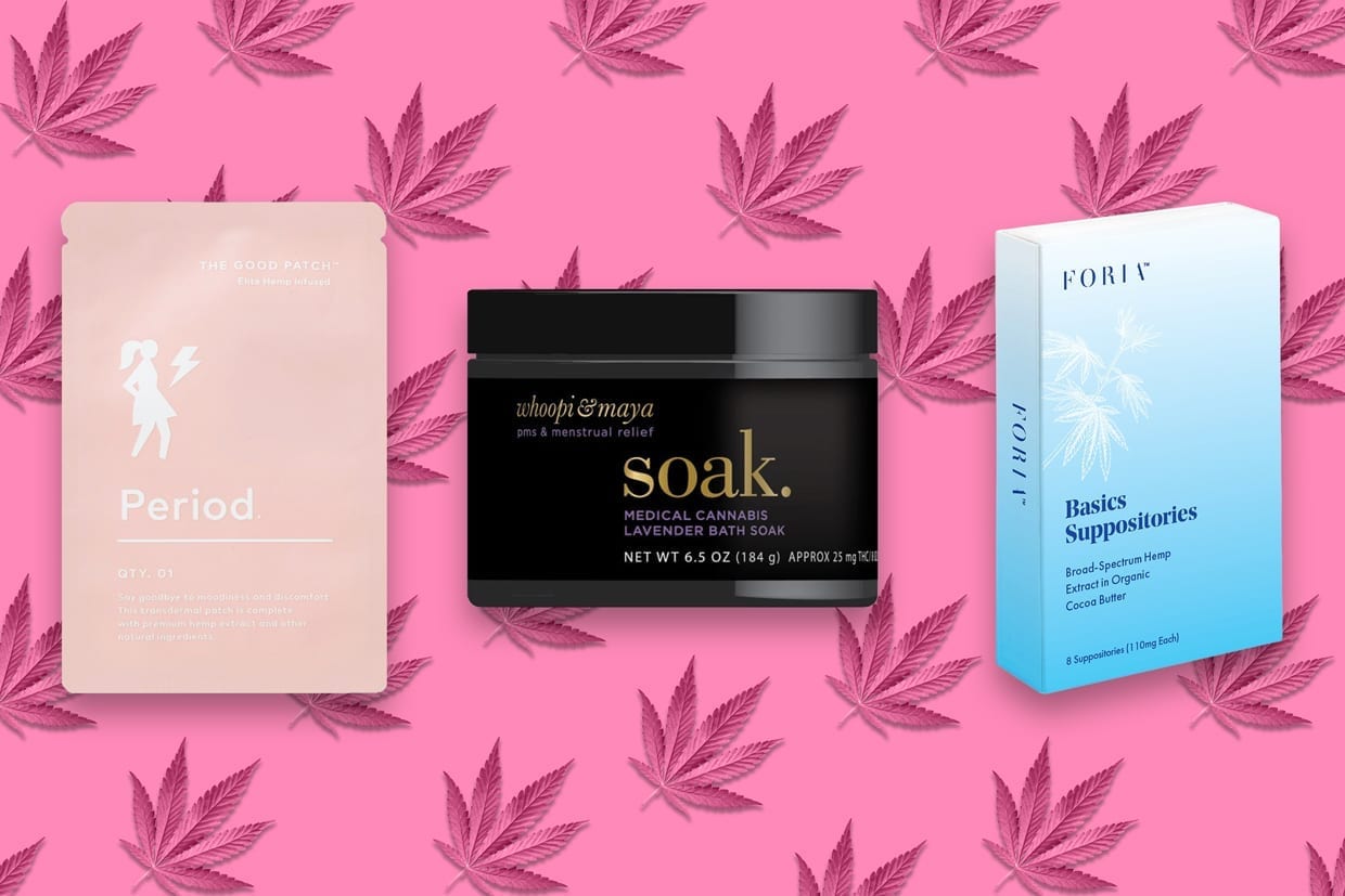 The Good Patch for PMS, Whoopi & Maya’s Medical Cannabis Bath Soak for menstrual relief, and Foria Vaginal Suppositories for period pain on a pink background with marijuana leaves.