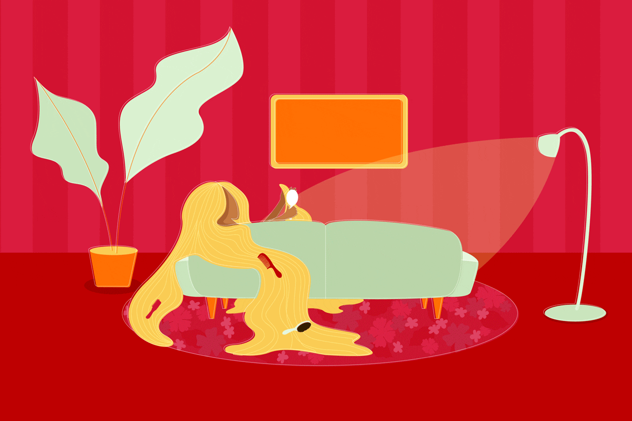 An animated illustration of a woman sitting on a couch brushing her hair and watching Netflix.