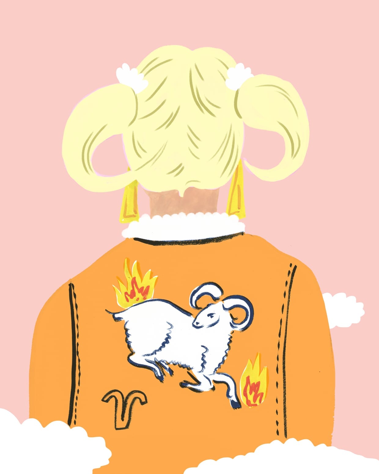 An illustration of woman from behind wearing a jacket with a goat on it.