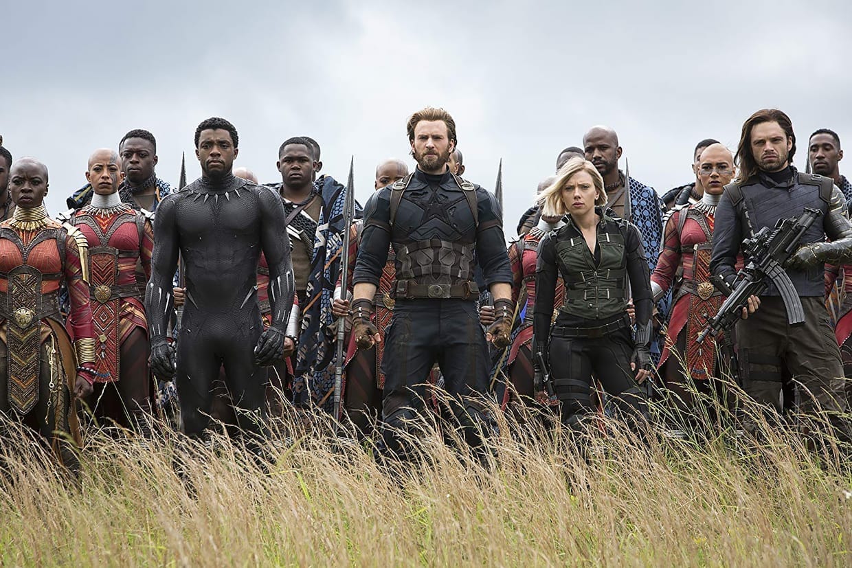Danai Gurira, Chadwick Boseman, Chris Evans, Scarlett Johansson, and Sebastian Stan in a scene from Marvel Studios' "Infinity War."
