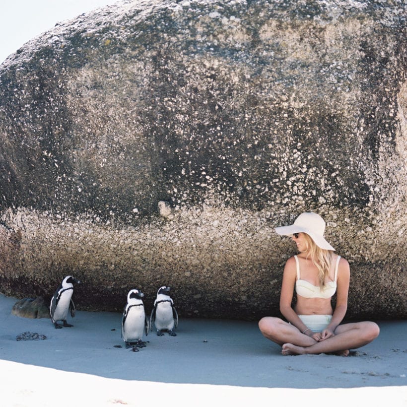 Woman sits next to friendly but wild penguins at Boulders Beach in South Africa.