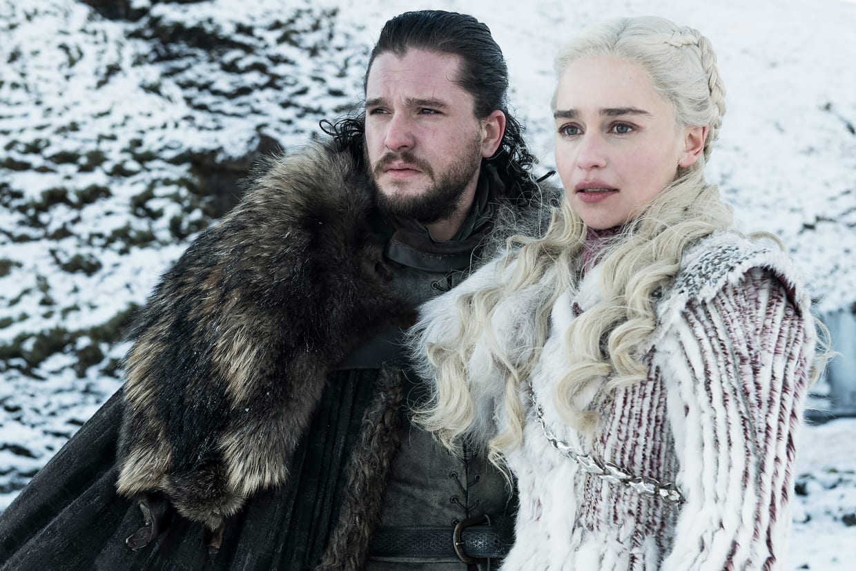 Kit Harington and Emilia Clarke in scene from Season 8 of HBO's Game of Thrones.