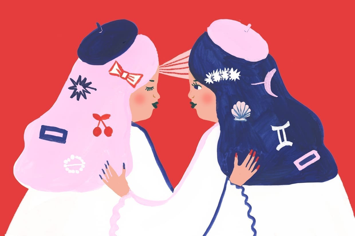 An illustration of two women looking at each other.