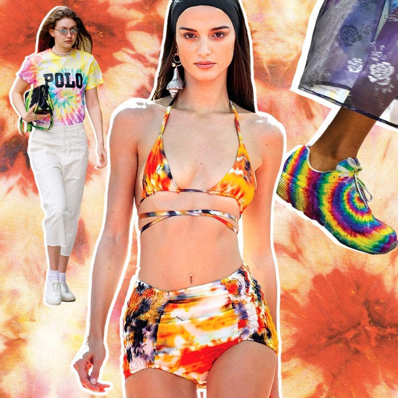 Three images of women wearing tie-dye outfits on an orange toned tie-dye background.