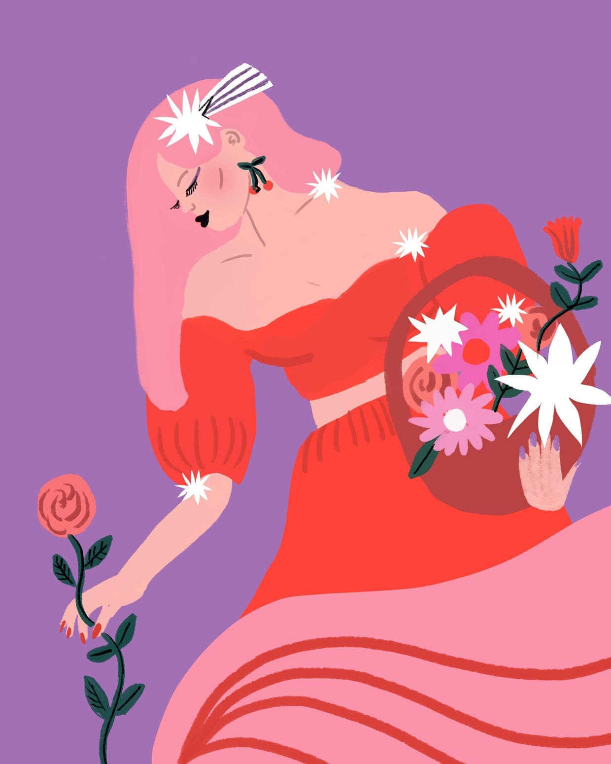 An illustration of a woman picking flowers.