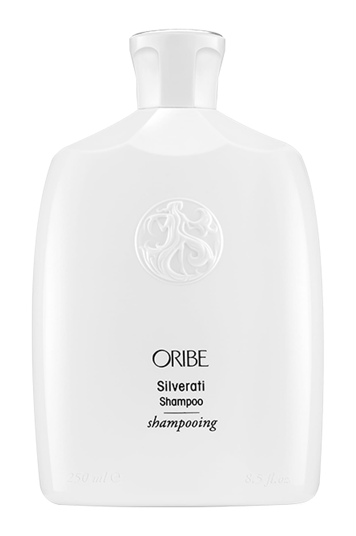 A white bottle of Oribe shampoo.