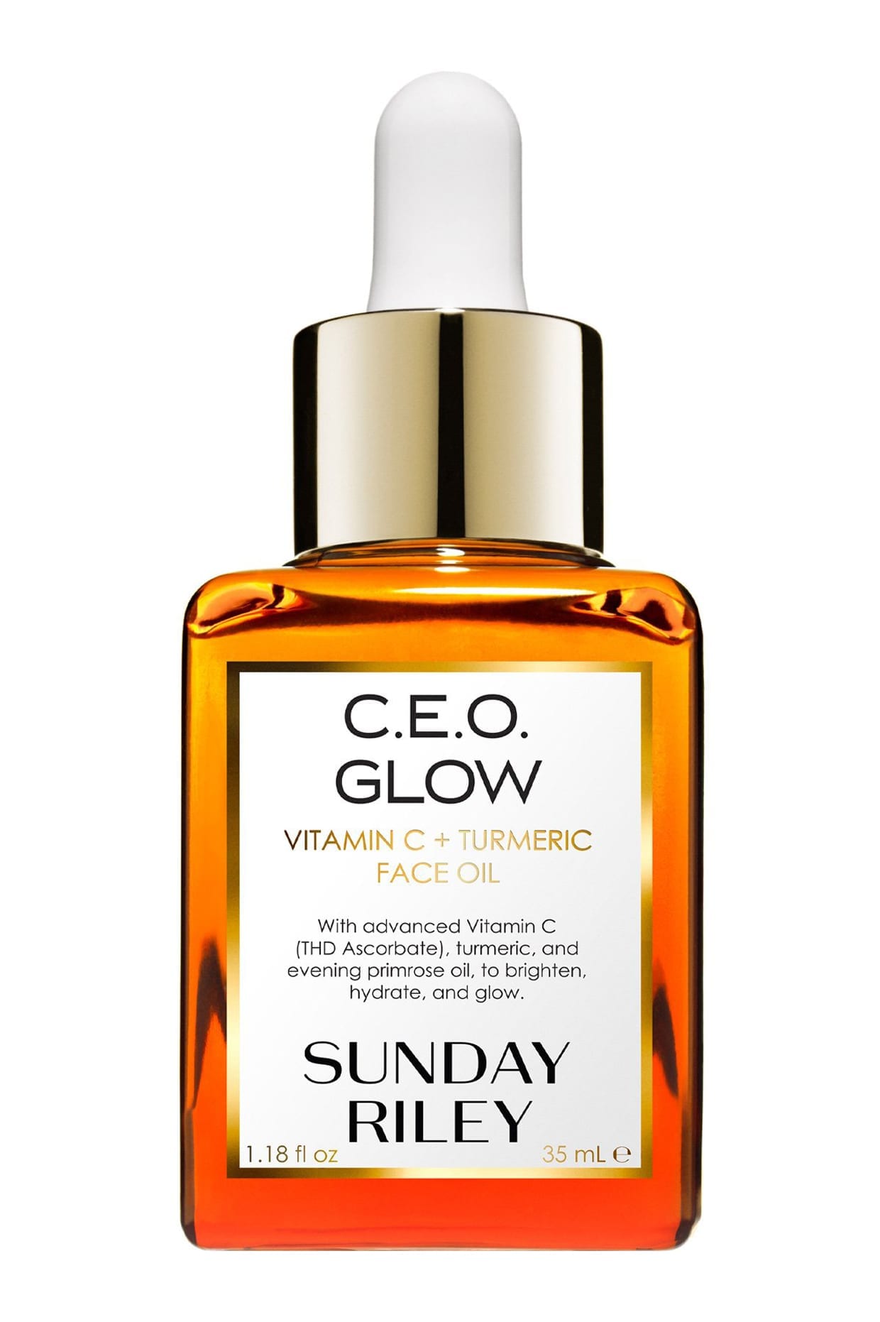 A glass bottle filled with orange oil.
