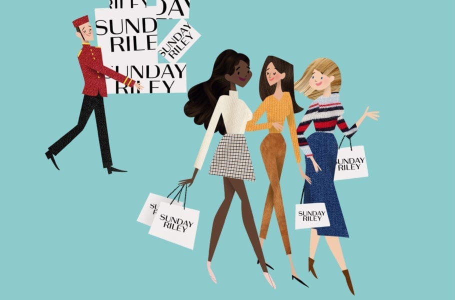 An illustration of three woman carrying Sunday Riley shopping bags and a bell boy walking behind them with more bags.