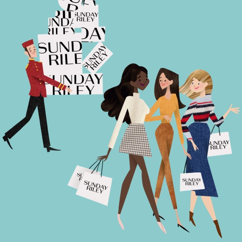 An illustration of three woman carrying Sunday Riley shopping bags and a bell boy walking behind them with more bags.